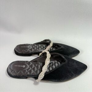 Birdies The Swan Black Velvet Rhinestone Embellished Strap Slip-On Mules